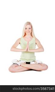 blonde girl siting in yoga pose on white background