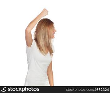 Blonde girl threatening her raised fist isolated on white background