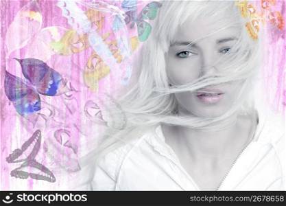 blonde girl wind long hair butterflies pink grunge background
