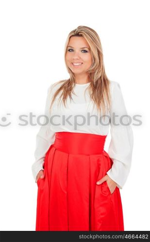 Blonde girl with a elegant red skirt isolated on white