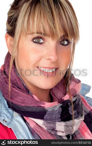 Blonde girl with a scarf isolated on white background