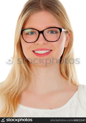 Blonde girl with black glasses isolated on a white background