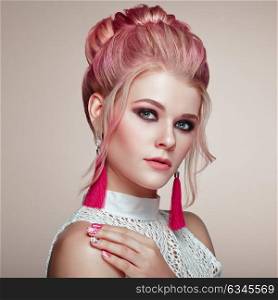 Blonde Girl with Elegant and shiny Hairstyle. Beautiful Model Woman with Curly Hairstyle. Care and Beauty Hair products. Perfect Make-Up