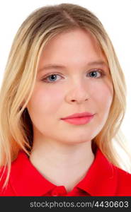 Blonde girl with red t-shirt isolated on a white background