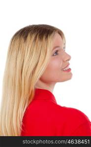 Blonde girl with red t-shirt isolated on a white background