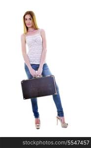 blonde girl with travel bag isolated on white background in studio