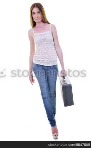 blonde girl with travel bag isolated on white background in studio