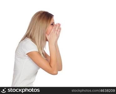 Blonde gril shouting isolated on a white background