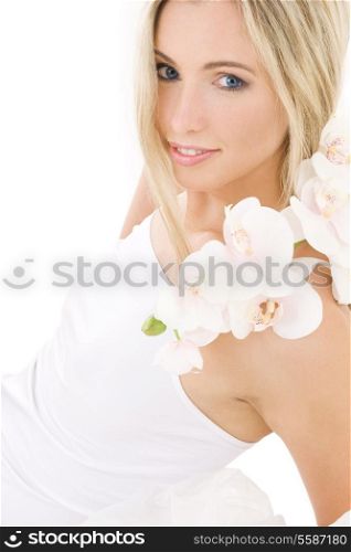 blonde in white cotton underwear with orchid