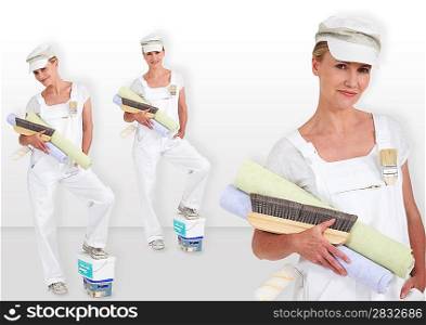 blonde lady carrying rolls of wall paper