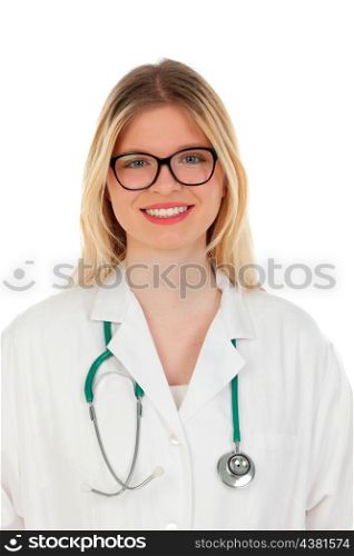 Blonde medical with glasses isolated on a white background