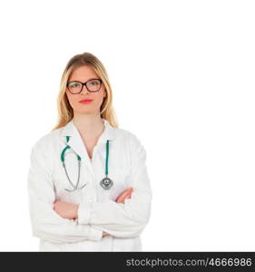 Blonde medical with glasses isolated on a white background