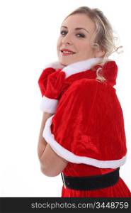 Blonde Miss Santa in a mini cape