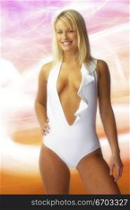 Blonde model in white one piece body suit. Glossy Lips Shot Melbourne, August 2002 Ewing ( MR)