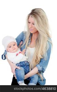 Blonde mother with her nice baby isolated on a white background