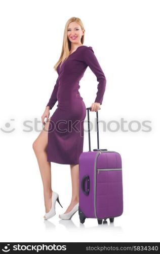 Blonde preparing for vacation with suitcase isolated on white