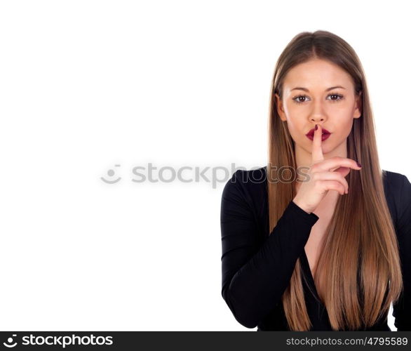 Blonde pretty girl with red lips requires silence isolated on white background