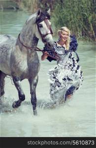 Blonde running with the white horse