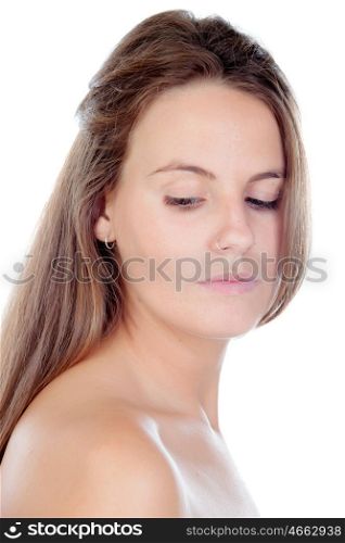 Blonde sensual profile of woman looking down isolated on a white backgroun