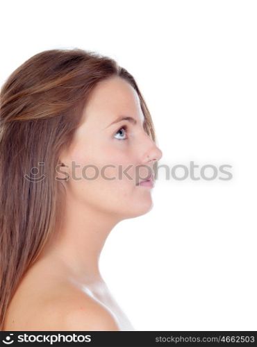Blonde sensual profile of woman looking up isolated on a white backgroun