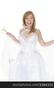 Blonde smiling bride. Isolated on white background