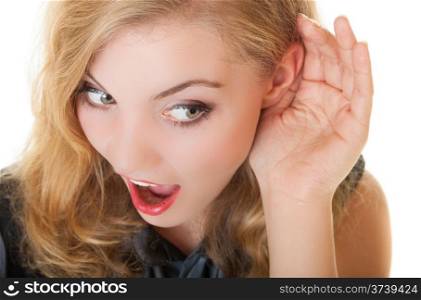 Blonde surprised gossip girl with hand behind ear spying. Young businesswoman listening secret. Communication in business work.