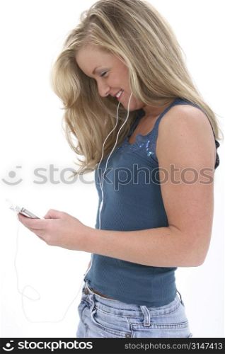 Blonde Teen Girl Listening To Music.