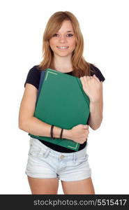 Blonde university girl isolated on a over white background