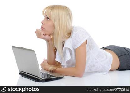 Blonde with a computer. Isolated on white background