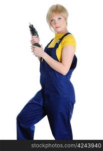 blonde with a drill in building overalls. Isolated on white background