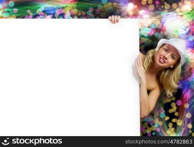 Blonde with banner. Young naked woman behind white blank banner. Place for text