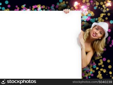 Blonde with banner. Young naked woman behind white blank banner. Place for text