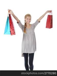 blonde with shopping bags. Isolated on white background