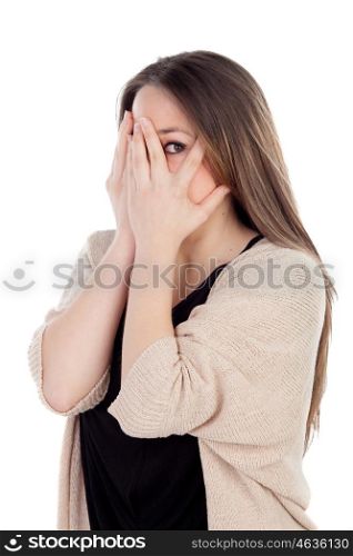 Blonde woman covering her face isolated on a white background