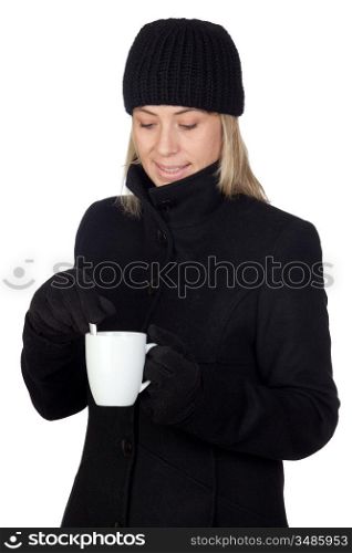 Blonde woman drinking something hot isolated on white background