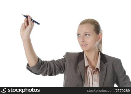Blonde woman holding a pen. Isolated on white background