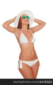 Blonde woman in bikini with sunglasses isolated on white background