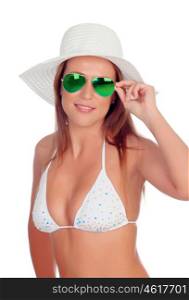 Blonde woman in bikini with sunglasses isolated on white background