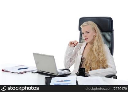 Blonde woman in the office. Isolated on white background