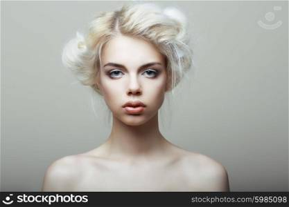 Blonde woman isolated on white background.