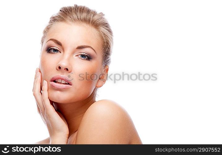Blonde woman. Isolated over white.