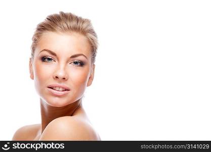Blonde woman. Isolated over white.