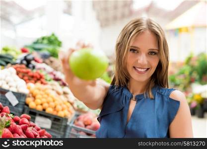 Blonde woman shopping organic veggies and fruits
