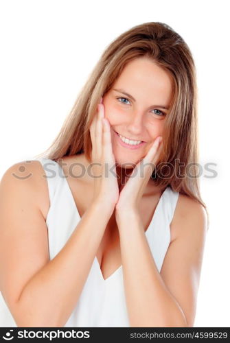 Blonde woman smiling with perfect smile and white teeth looking at camera isolated on a white backgroun