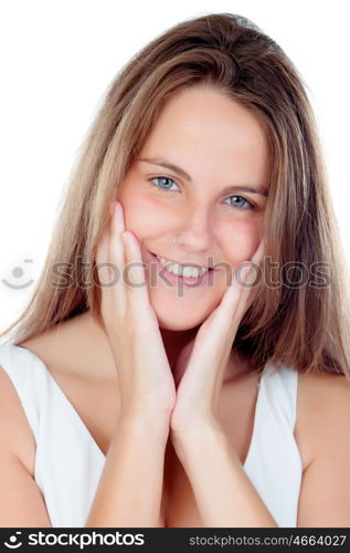 Blonde woman smiling with perfect smile and white teeth looking at camera isolated on a white backgroun