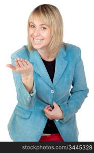 Blonde woman threatening isolated on white background