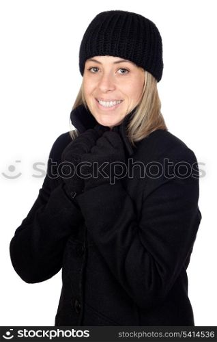 Blonde woman with a black coat isolated on white background