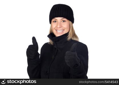 Blonde woman with a black coat saying Ok isolated on white background