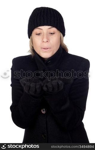 Blonde woman with a blue scarf blowing isolated on white background