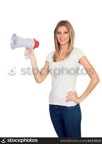 Blonde woman with megaphone isolated on a white background